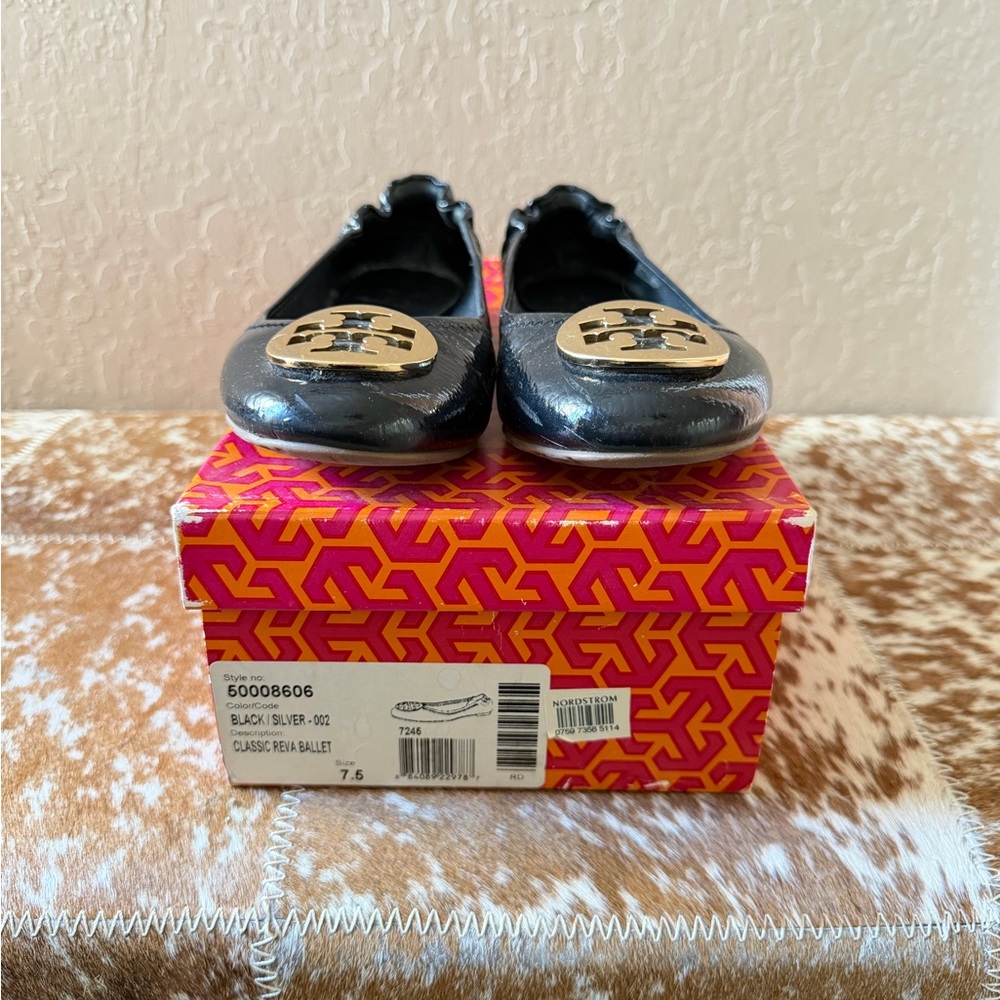 SOLD Tory Burch Navy Blue Flats with Gold Emblem